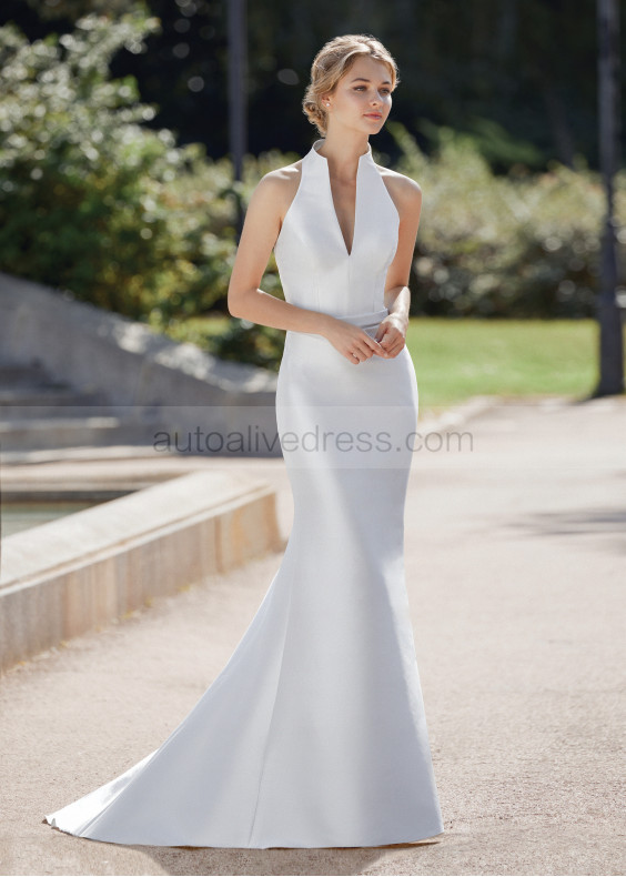 Notch Neck Ivory Mikado Open Back Wedding Dress